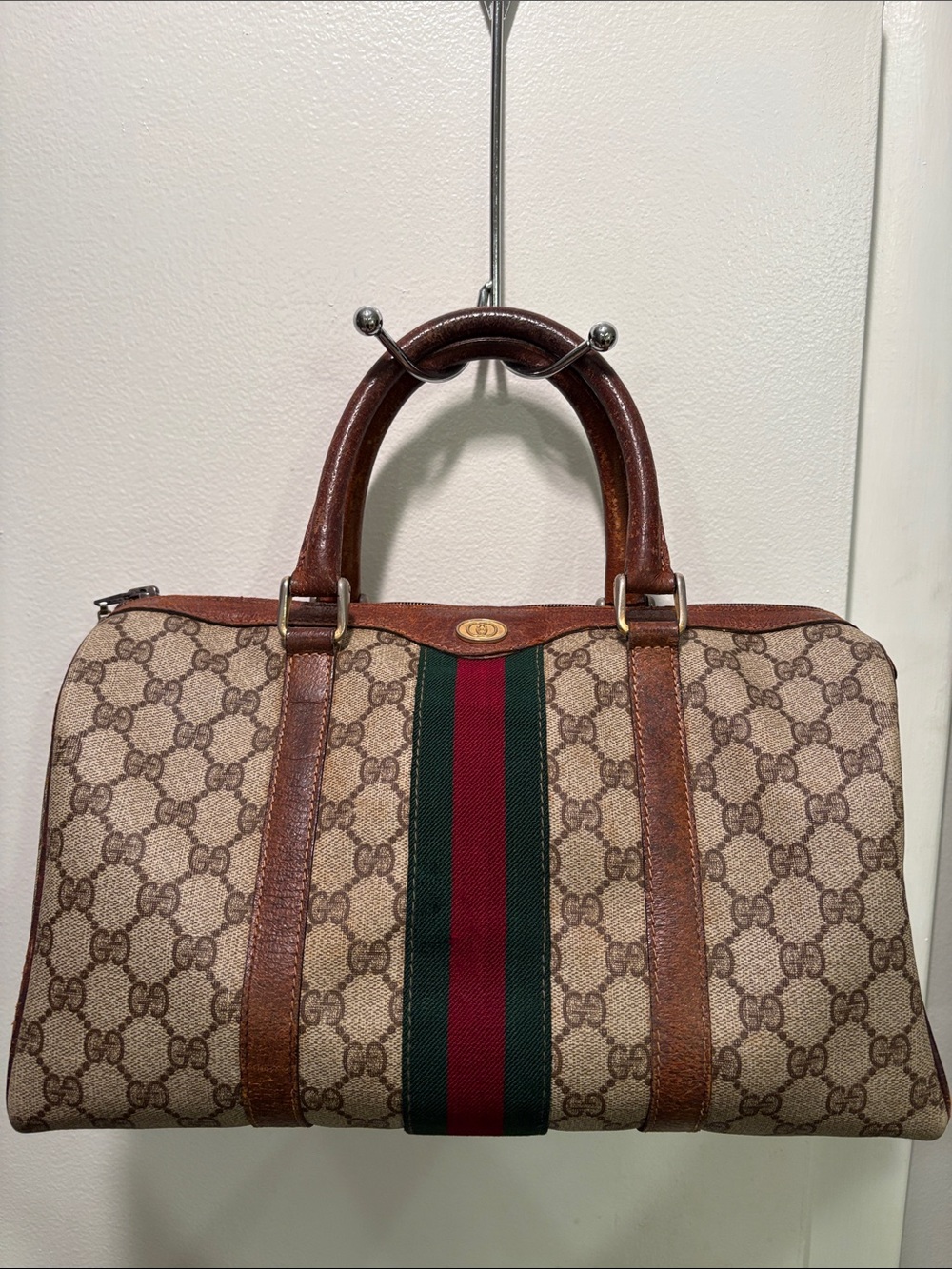 Gucci Brown Monogram Boston Bag with Green and Red Stripe - Picture 11 of 14